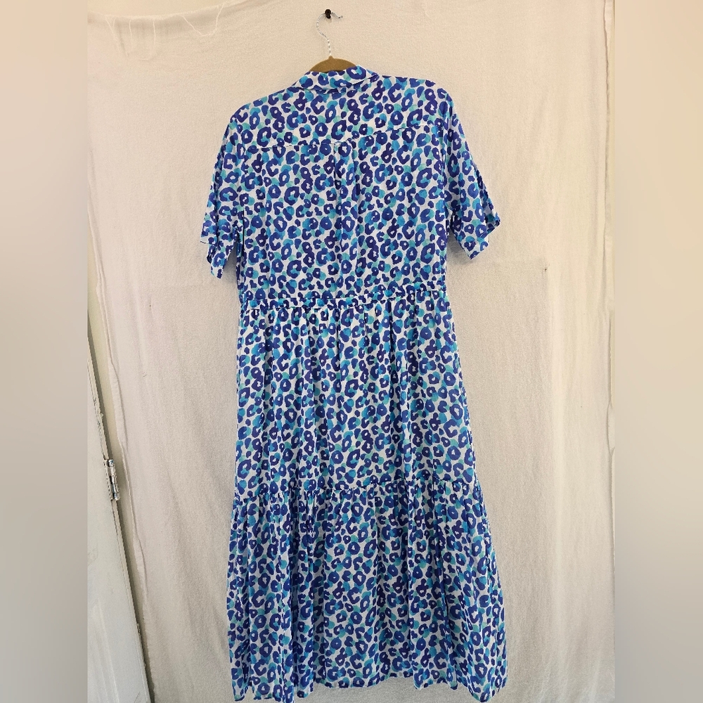 VILAGALLO EVELINE Blue Leopard Tiered Midi Cotton Lined Dress. Ladies Size 12 - Picture 7 of 9